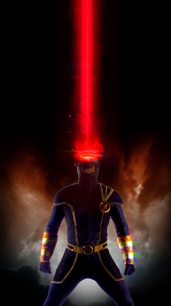 Cyclops in a dark blue suit firing a red optic beam, Marvel Universe Live. Costume design by Cynthia Nordstrom