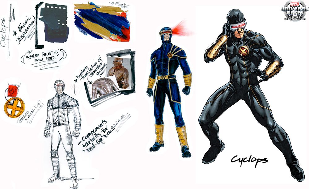Cyclops in blue and black tactical suits, with visor and material studies, Marvel Universe Live. Costume sketch by Cynthia Nordstrom