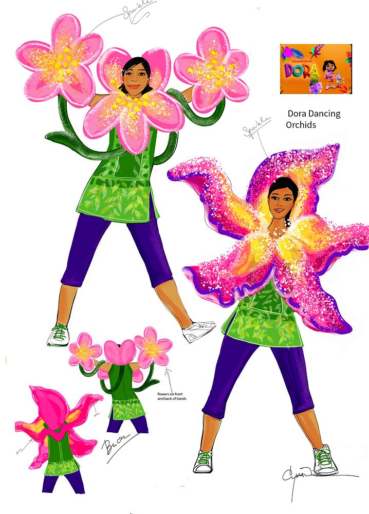 Nickelodeon Live: Está en Ti: Dora dancing orchids costume sketch. Costume sketch by Cynthia Nordstrom