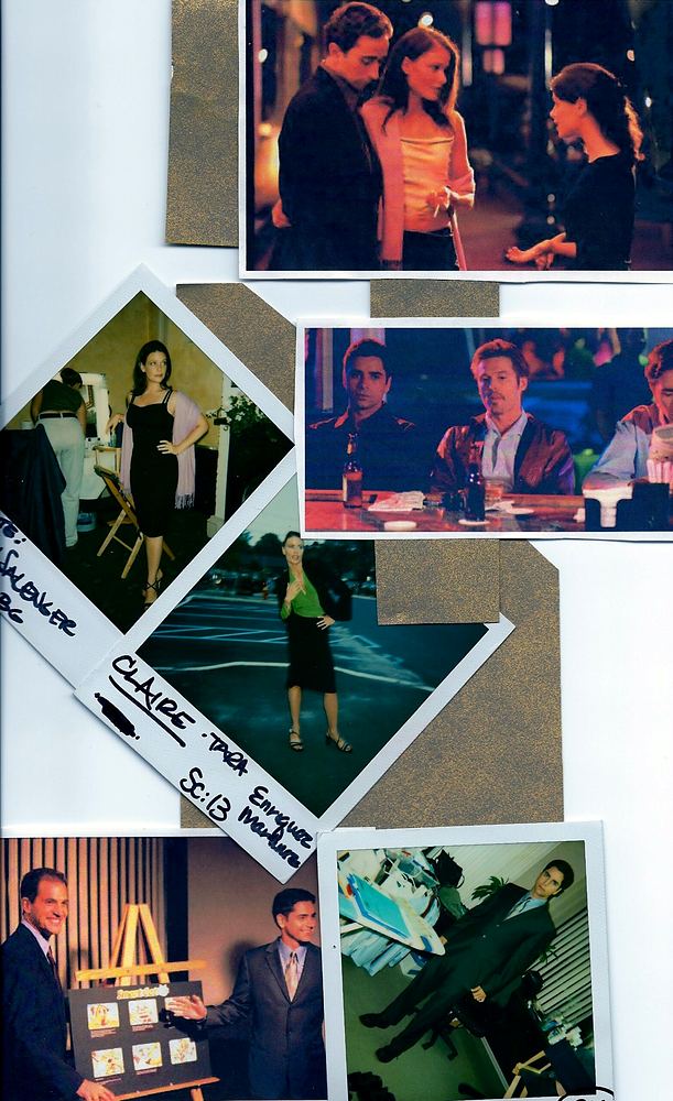 Collage of film stills and a clapper slate from the set, Olive Juice. Costume design by Cynthia Nordstrom