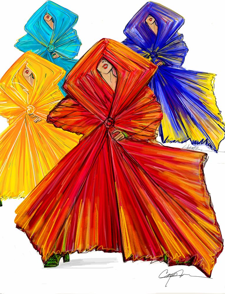 Draped figures in large fabric cloaks of orange, red, yellow, blue and purple, ONE de Musical. Costume sketch by Cynthia Nordstrom