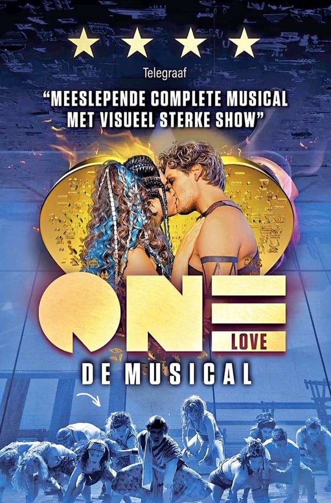 ONE Love De Musical poster with a four-star Telegraaf review quote