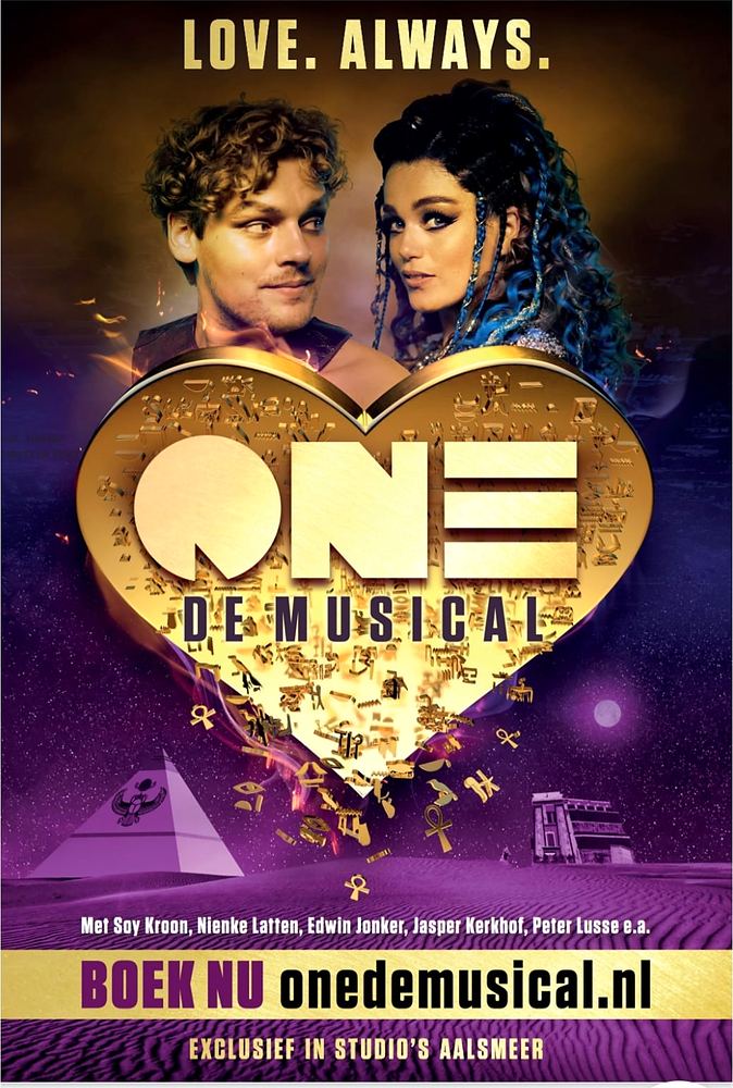 ONE De Musical poster, Love. Always., with the leads above a gold heart logo