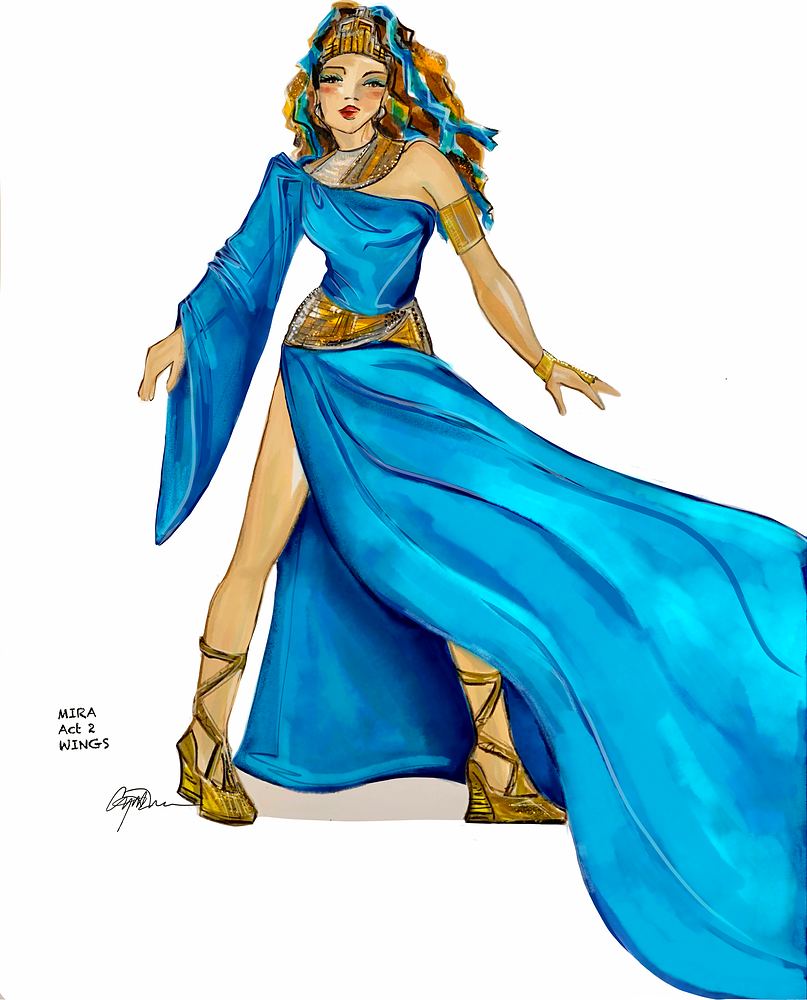 Mira in a flowing blue one-shoulder gown with gold collar and headdress, ONE de Musical. Costume sketch by Cynthia Nordstrom