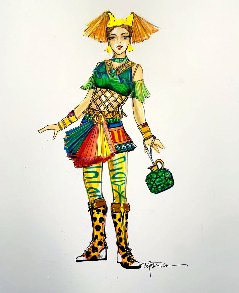 Woman in a green woven top, fringed tiered skirt and leopard print boots, ONE de Musical. Costume sketch by Cynthia Nordstrom