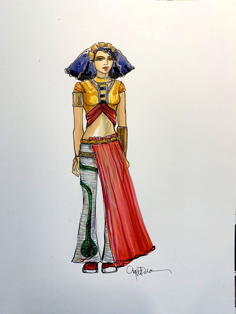 Woman in a gold collar, red sash skirt and blue headdress with a gourd bag, ONE de Musical. Costume sketch by Cynthia Nordstrom