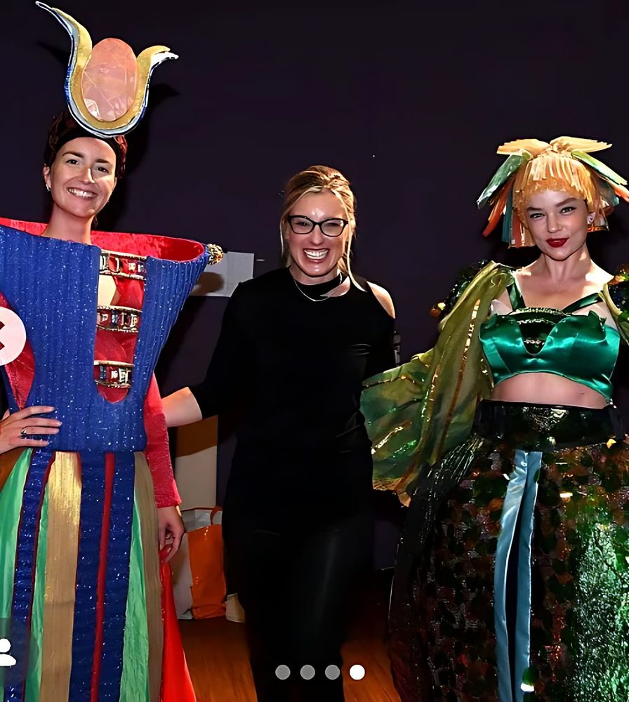 ONE de Musical: Cynthia Nordstrom with two performers in costume. Costume design by Cynthia Nordstrom