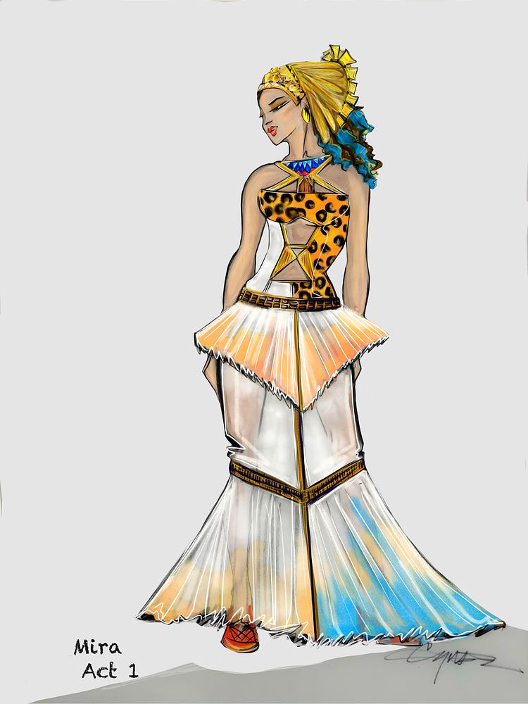 Mira in a leopard print bodice and pleated white and gold gown, act 1, ONE de Musical. Costume sketch by Cynthia Nordstrom