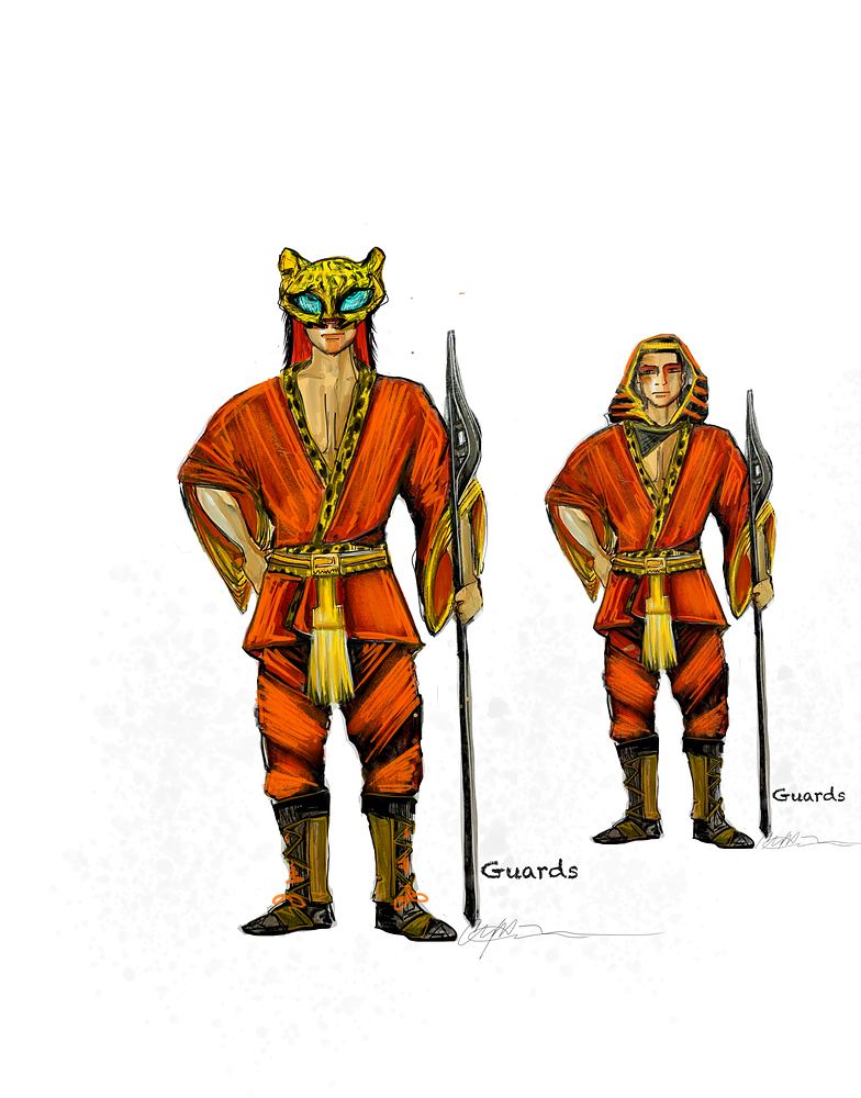 Guards in orange tunics with gold belts, cat masks and spears, ONE de Musical. Costume sketch by Cynthia Nordstrom