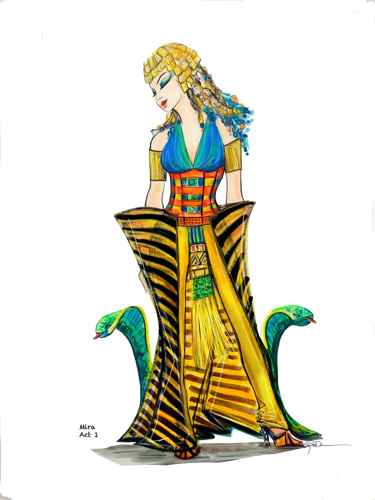 Mira in a gold and black striped gown with cobra details, act 1, ONE de Musical. Costume sketch by Cynthia Nordstrom