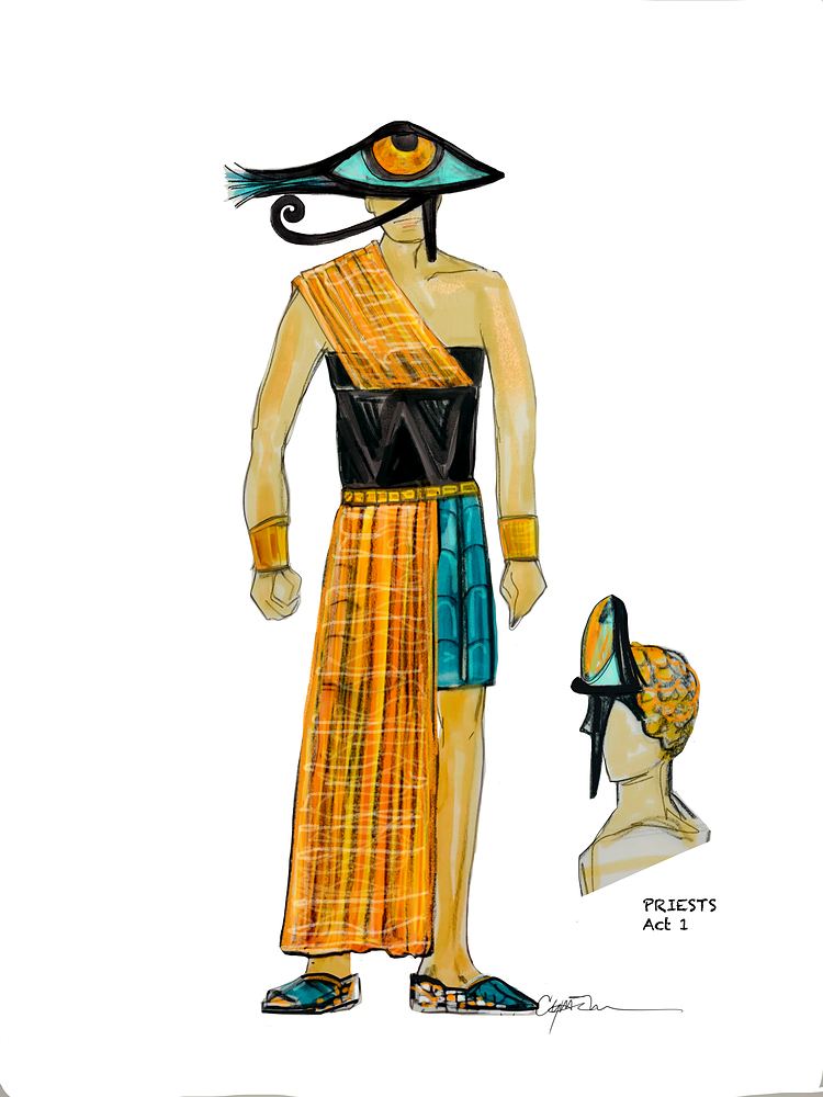 Priest in a gold striped wrap with an Eye of Horus headdress, act 1, ONE de Musical. Costume sketch by Cynthia Nordstrom