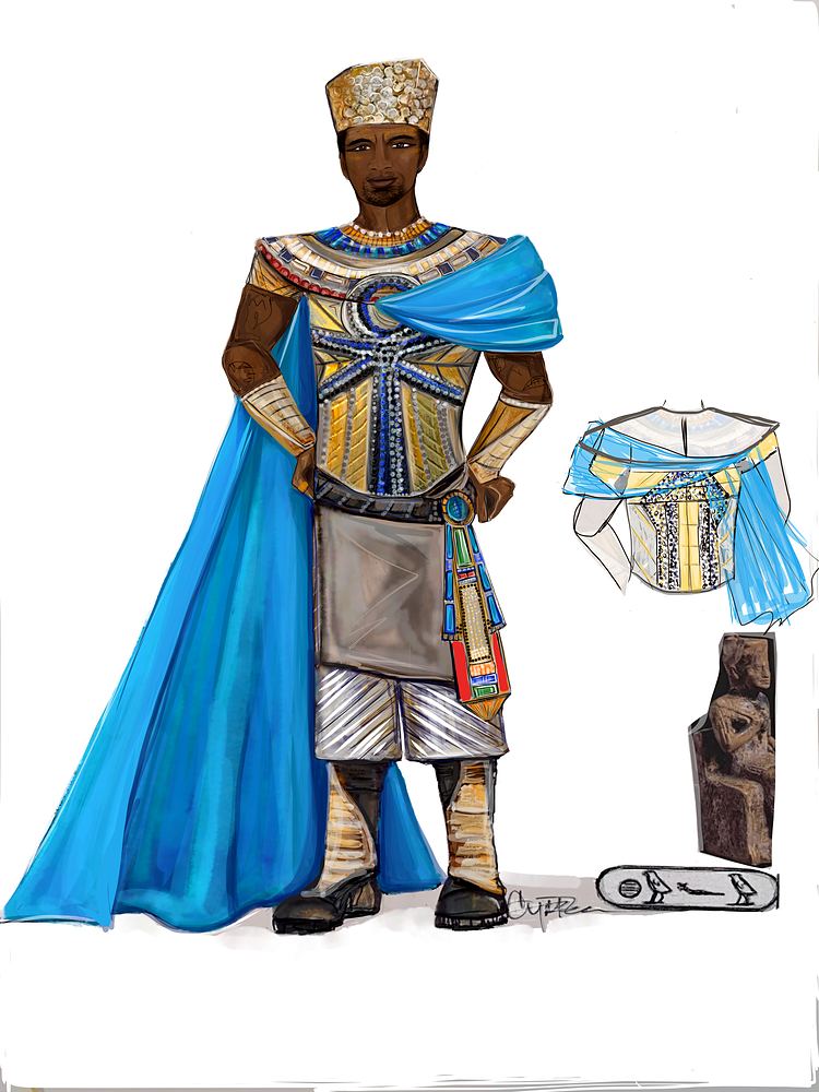 Pharaoh-style figure in a blue and gold collar, kilt and long blue cape, ONE de Musical. Costume sketch by Cynthia Nordstrom