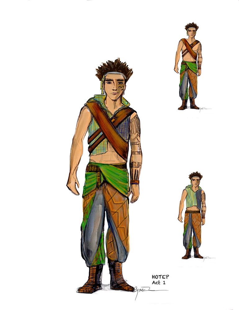 Hotep in a green and brown wrapped tunic with a crossed strap, act 1, ONE de Musical. Costume sketch by Cynthia Nordstrom