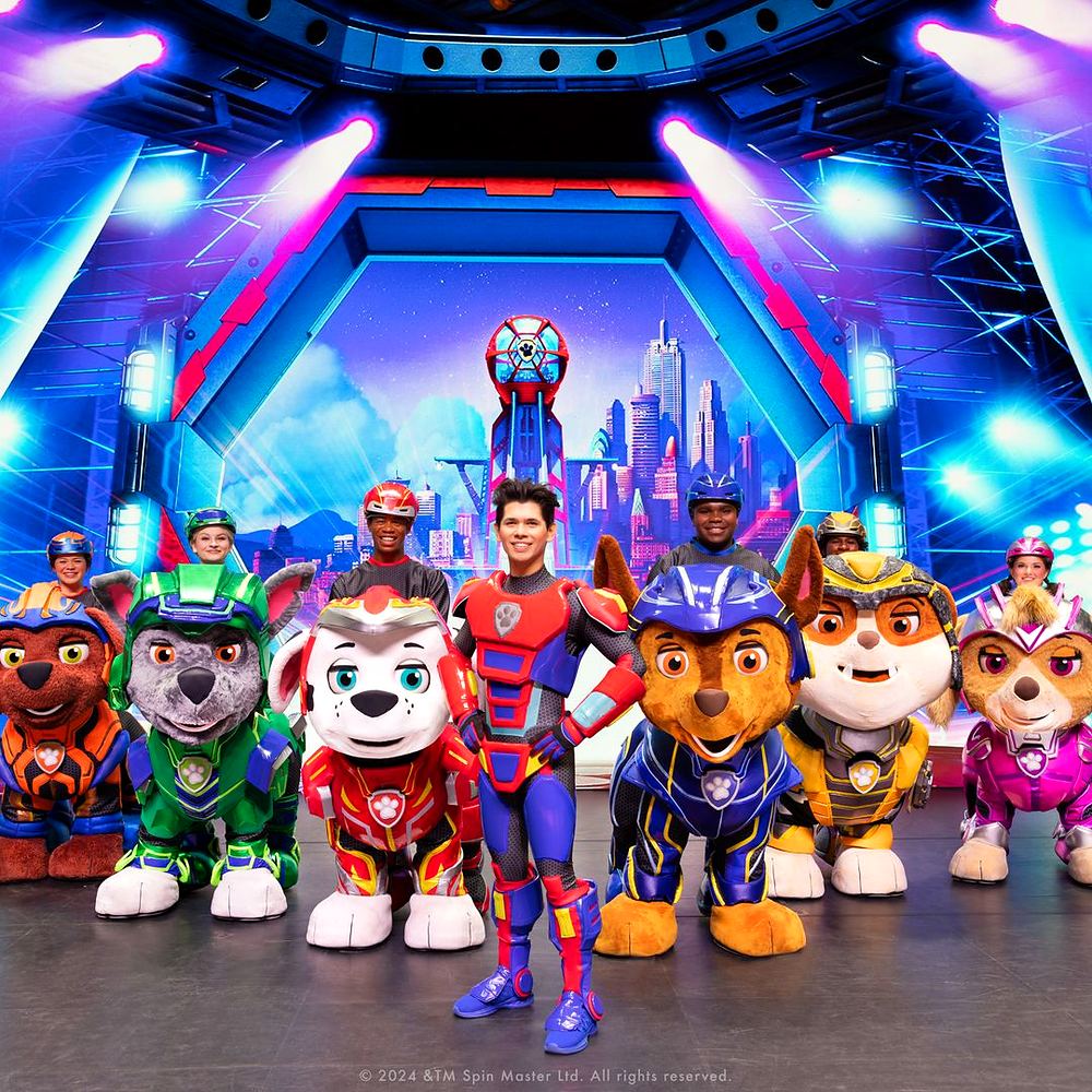 PAW Patrol Live! A Mighty Adventure: the cast on stage. Costume design by Cynthia Nordstrom