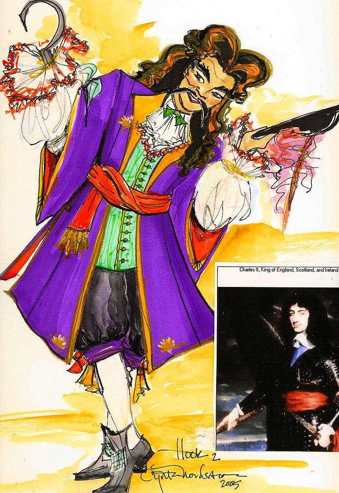 Captain Hook in a purple coat, green vest and red sash, with reference, Peter Pan's Neverland, USJ. Costume sketch by Cynthia Nordstrom