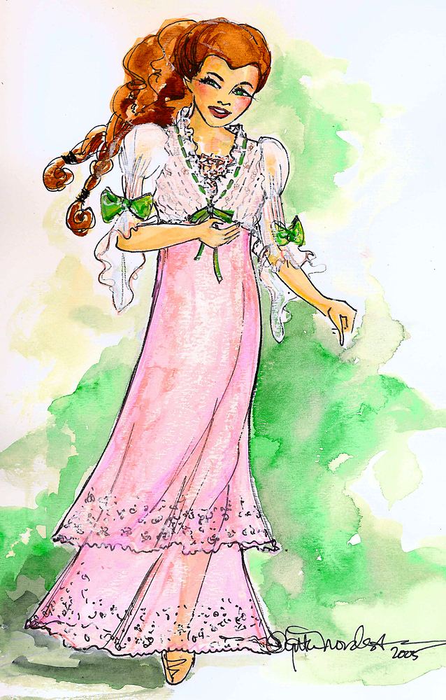 Young Wendy in a pink lace nightgown with ringlet braids, Peter Pan's Neverland, USJ. Costume sketch by Cynthia Nordstrom