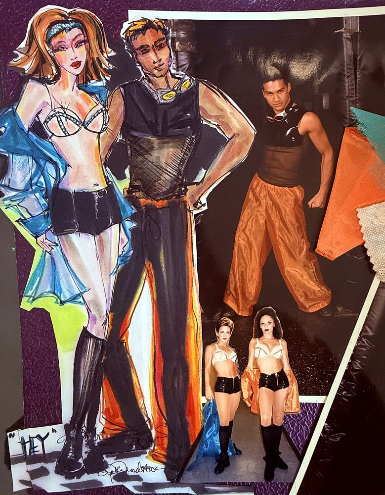 Pleasure Island, Downtown Disney: costume sketch collage for the dancers, with a production photo. Costume sketch by Cynthia Nordstrom