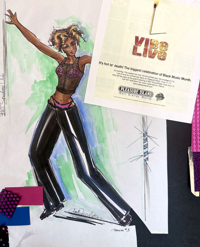 Pleasure Island, Downtown Disney: costume sketch for Vibe Live at the BET SoundStage Club. Costume sketch by Cynthia Nordstrom