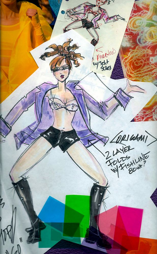 Pleasure Island, Downtown Disney: dancer in a black vinyl top, goggles and orange satin pants. Costume design by Cynthia Nordstrom