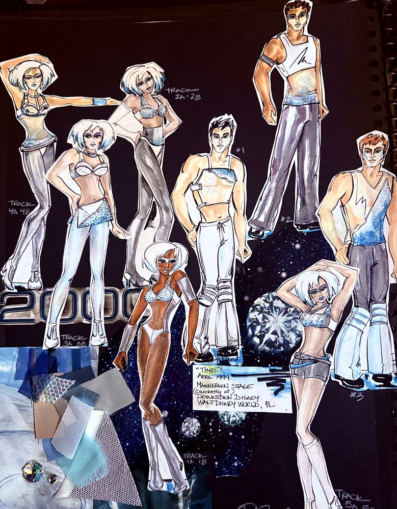 Pleasure Island, Downtown Disney: costume sketches for the 2000 millennium celebration dancers in silver. Costume sketch by Cynthia Nordstrom