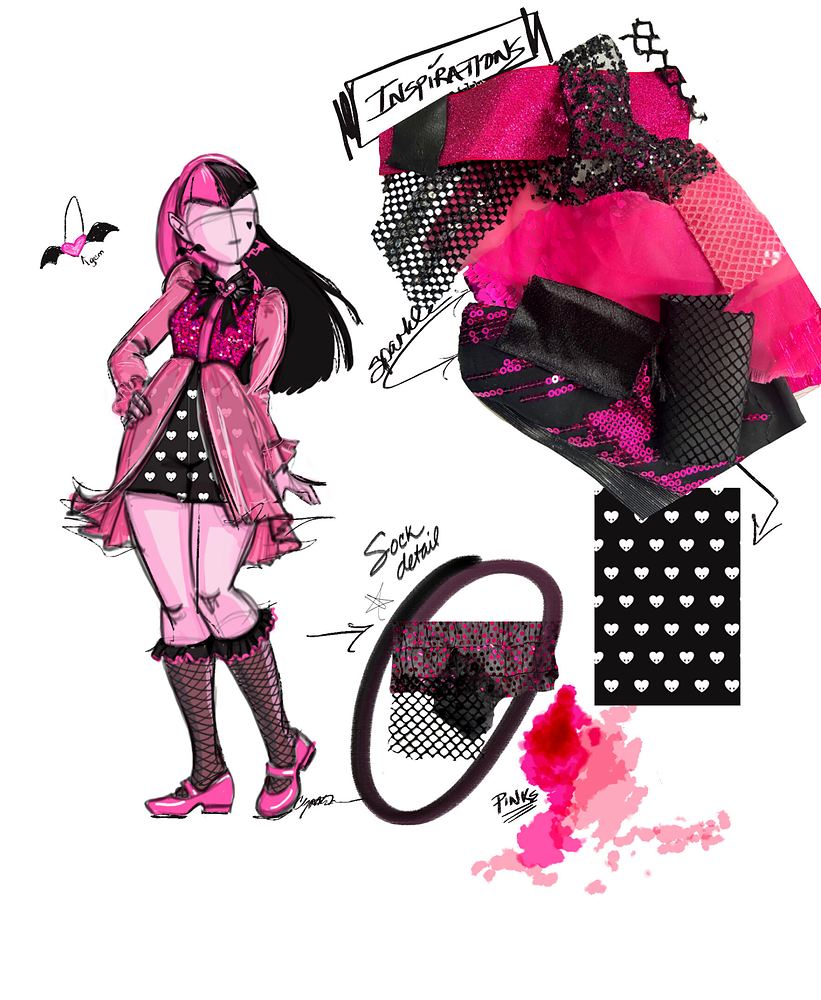 Draculaura in a pink coat, heart print dress and boots, with fabric inspiration, Monster High Live. Costume sketch by Cynthia Nordstrom