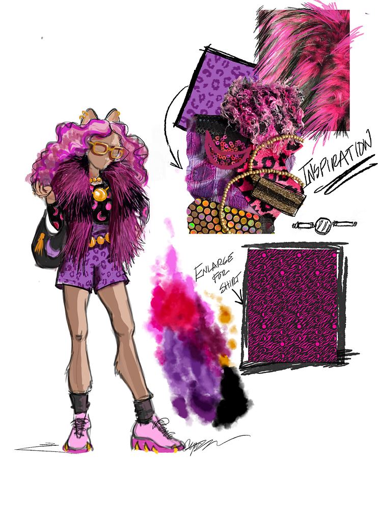 Clawdeen in pink fur and purple, with fabric and trim inspiration, Monster High Live. Costume sketch by Cynthia Nordstrom