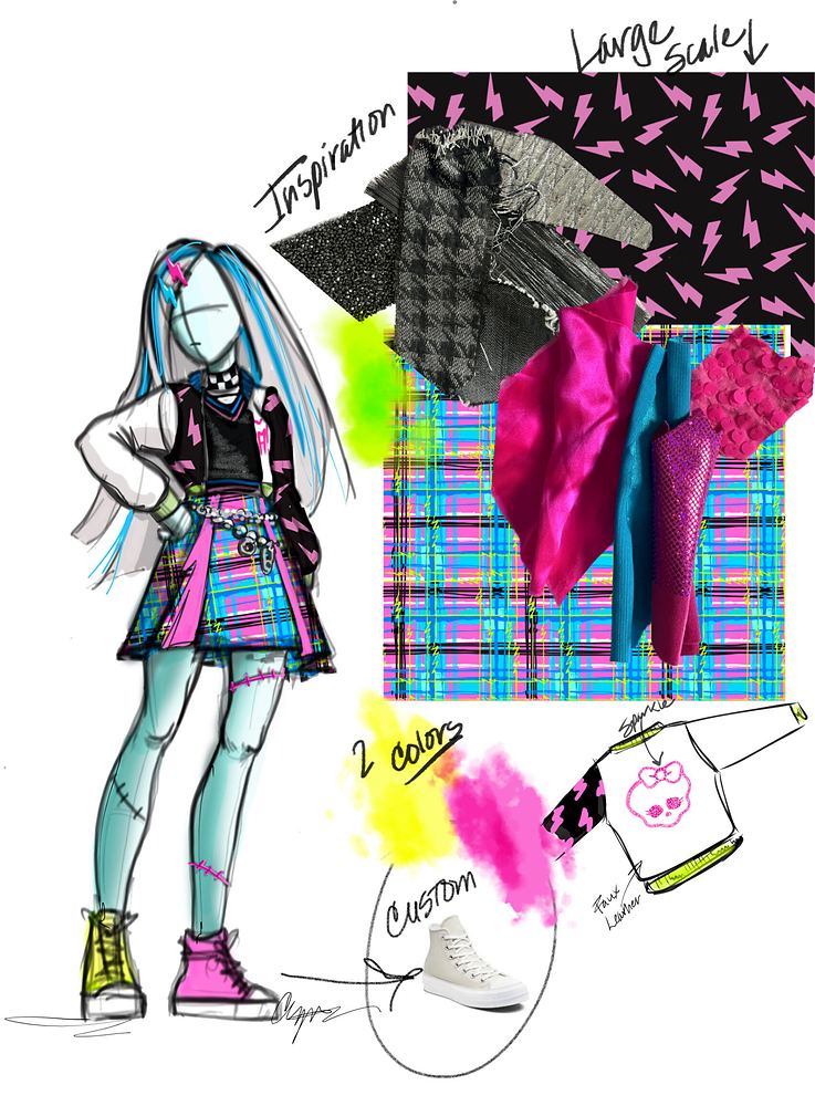 Frankie Stein in a plaid skirt, black vest and sneakers, with swatches, Monster High Live. Costume sketch by Cynthia Nordstrom