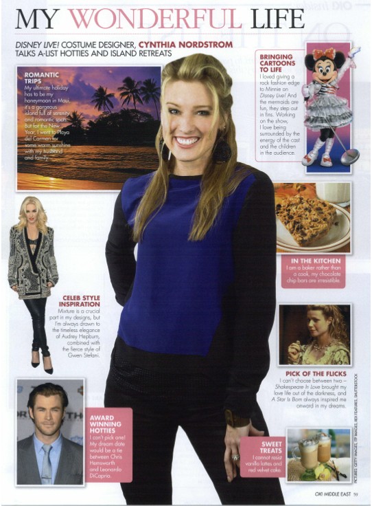 OK! Middle East magazine page "My Wonderful Life": Disney Live! costume designer Cynthia Nordstrom talks A-list hotties and island retreats, with her portrait and Minnie Mouse in her Disney Live! costume