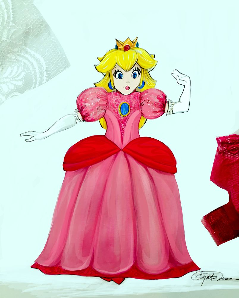 Princess Peach costume design for Super Nintendo World, Universal Studios Japan. Costume sketch by Cynthia Nordstrom