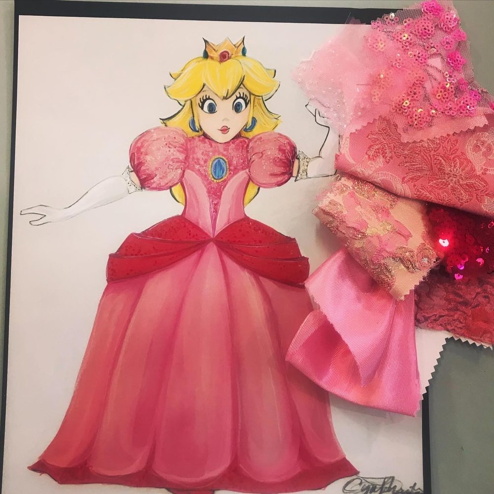 Princess Peach costume rendering with fabric swatches, signed. Costume sketch by Cynthia Nordstrom