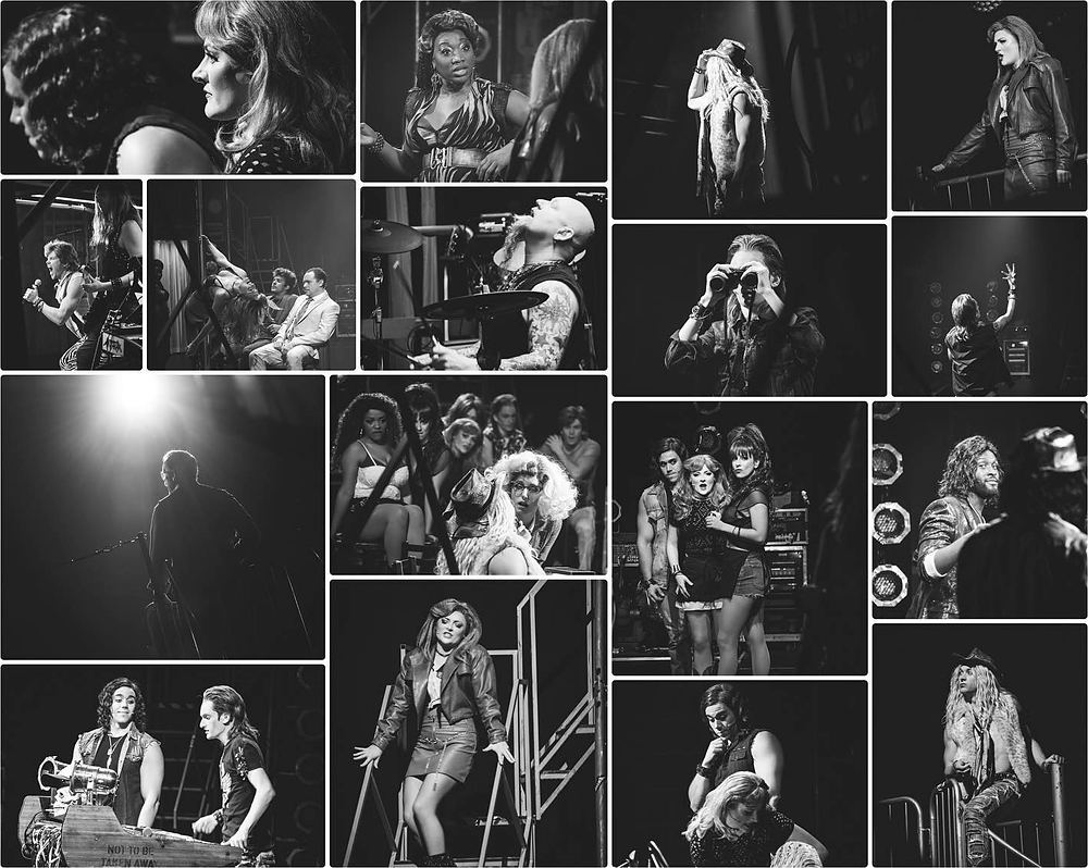 Collage of black and white performance shots of the cast, Rock of Ages. Costume design by Cynthia Nordstrom