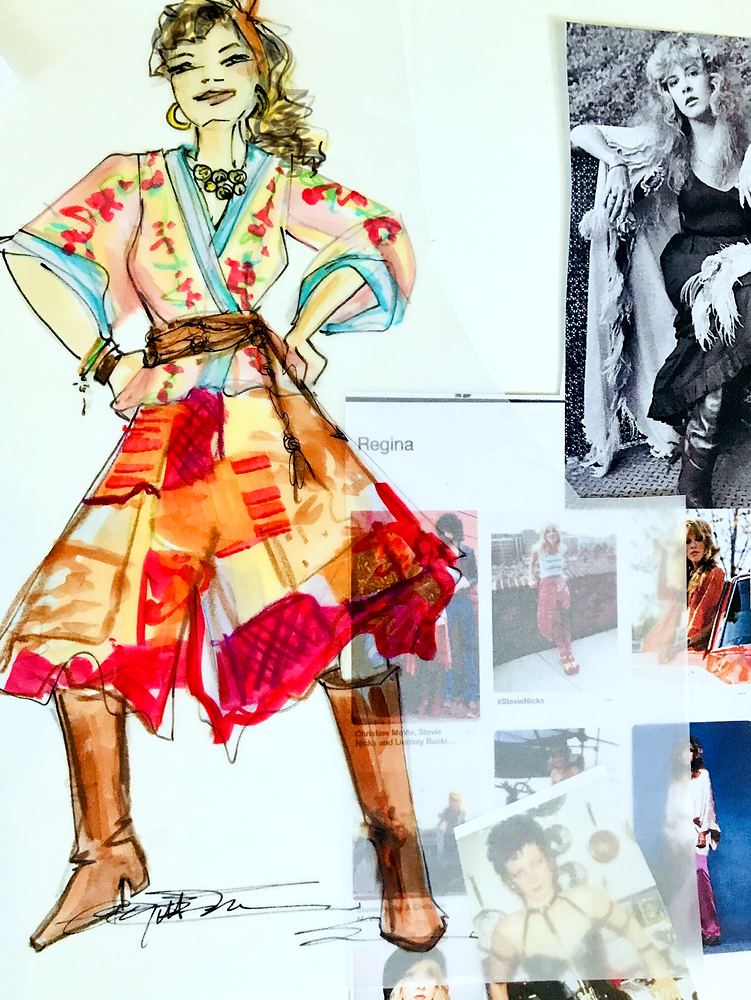 Woman in a pastel patchwork kimono jacket, red skirt and tall boots, with research, Rock of Ages. Costume sketch by Cynthia Nordstrom