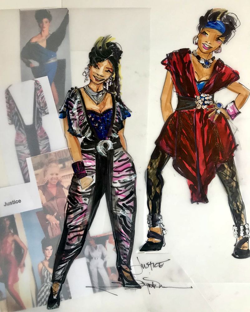 Two women in 1980s looks: zebra jumpsuit and red ruffled dress, with research photos, Rock of Ages. Costume sketch by Cynthia Nordstrom