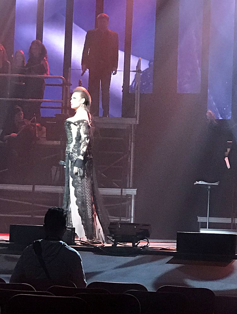 Singer in a long black and white brocade gown on stage, Rocktopia. Costume design by Cynthia Nordstrom