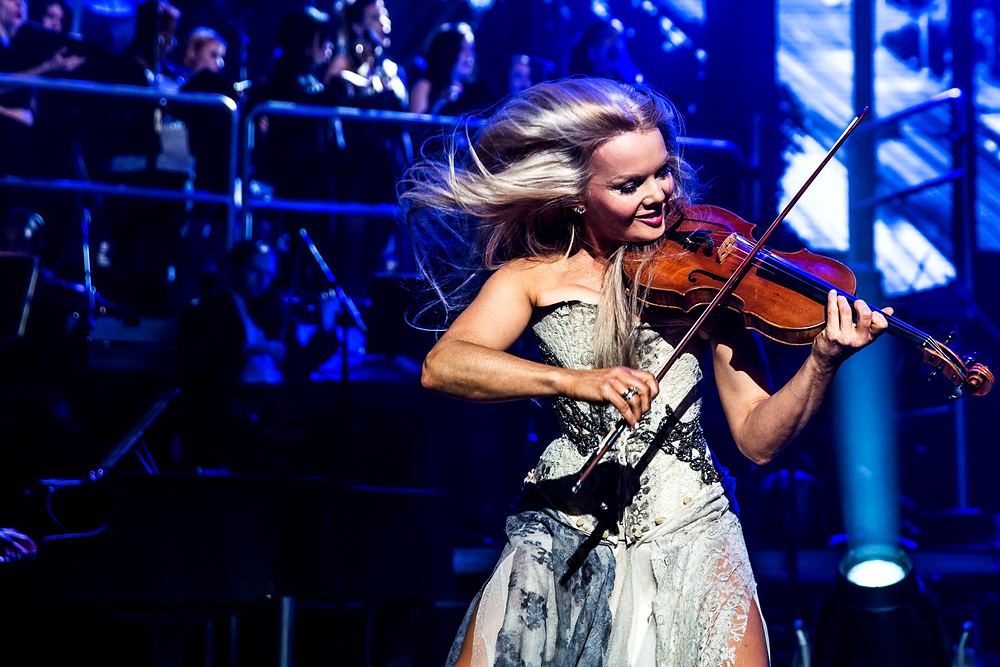 Violinist Mairead Nesbitt performs in Rocktopia on Broadway. Costume design by Cynthia Nordstrom