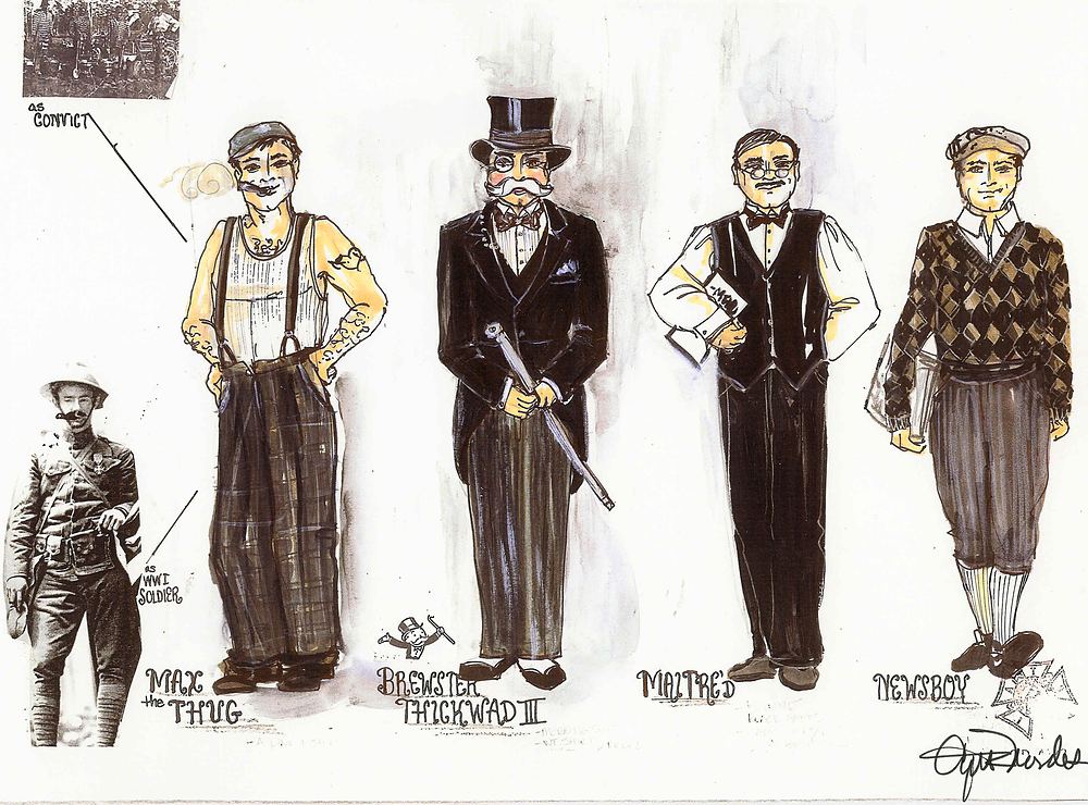 Silent film era characters in suits, top hat and newsboy cap, with research photo, Silent Laughter. Costume sketch by Cynthia Nordstrom