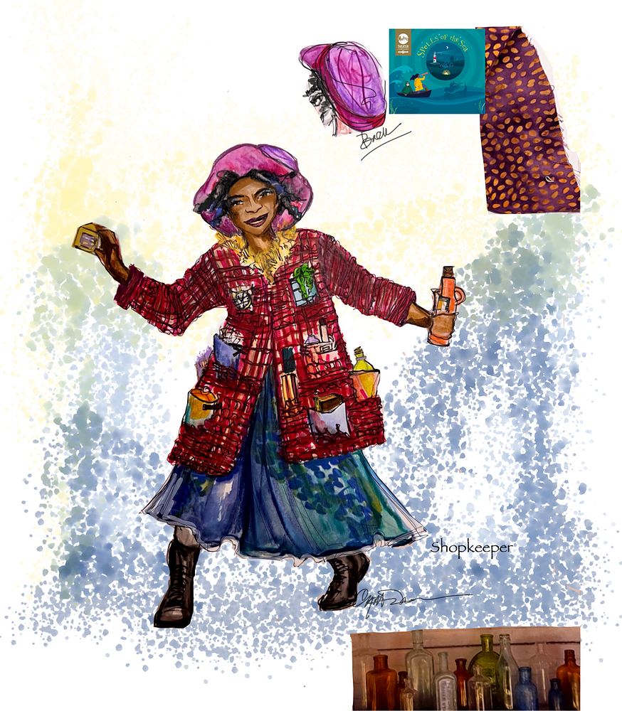 Shopkeeper in a patched red coat, layered skirts and knit hat holding bottles, Spells of the Sea. Costume sketch by Cynthia Nordstrom