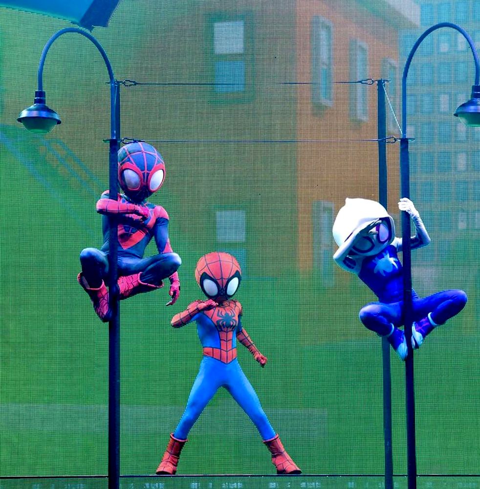 Spidey and His Amazing Friends live show: Spidey, Spin and Ghost-Spider on the city set. Costume design by Cynthia Nordstrom