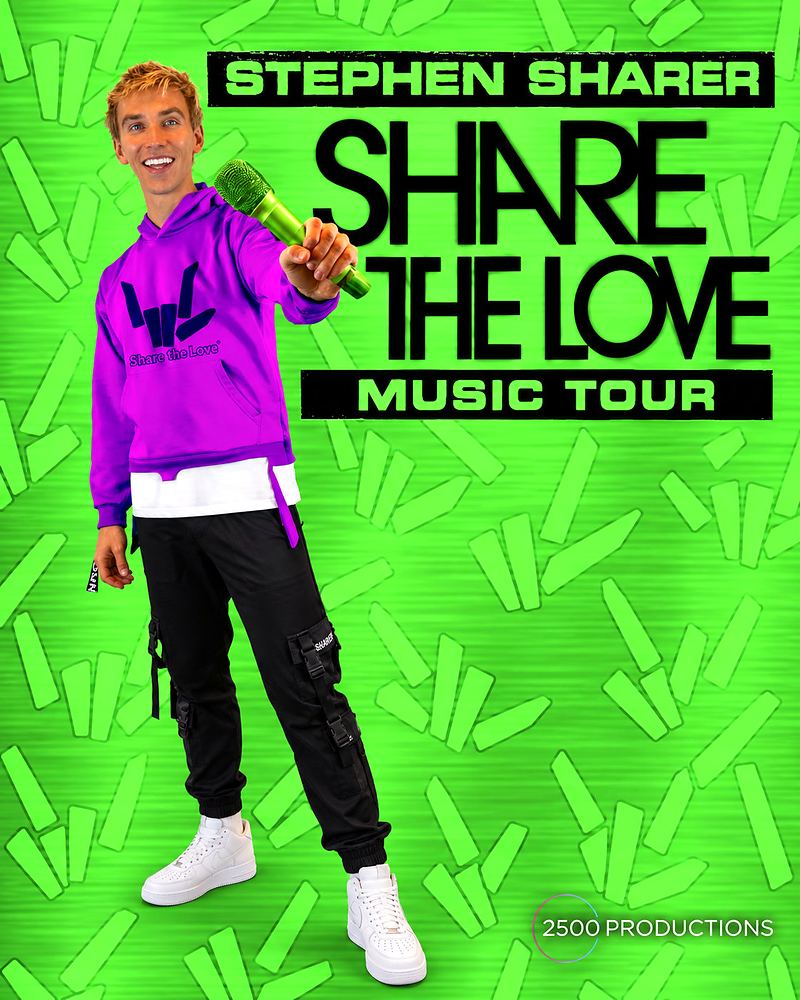Key art for the Stephen Sharer Share the Love Music Tour, Stephen Sharer in a purple hoodie on a green background