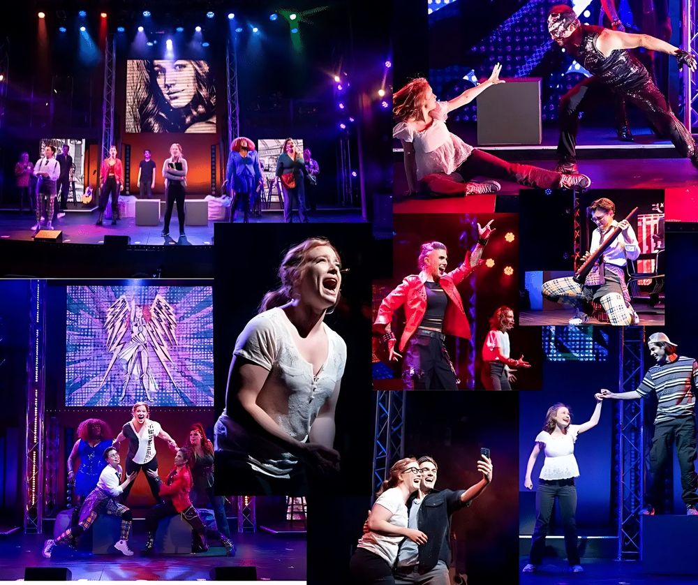 Collage of production photos: cast in street clothes and superhero looks, SuperYou. Costume design by Cynthia Nordstrom