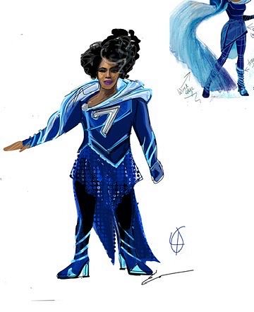 Seven in a blue hooded caped suit with a 7 emblem and fringe hem, SuperYou. Costume sketch by Cynthia Nordstrom