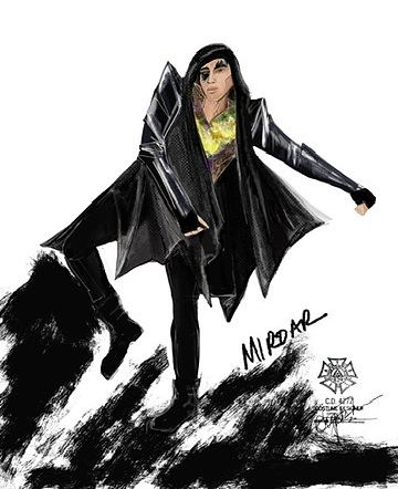 Villain in a black hooded leather coat crouched on rocks, SuperYou. Costume sketch by Cynthia Nordstrom