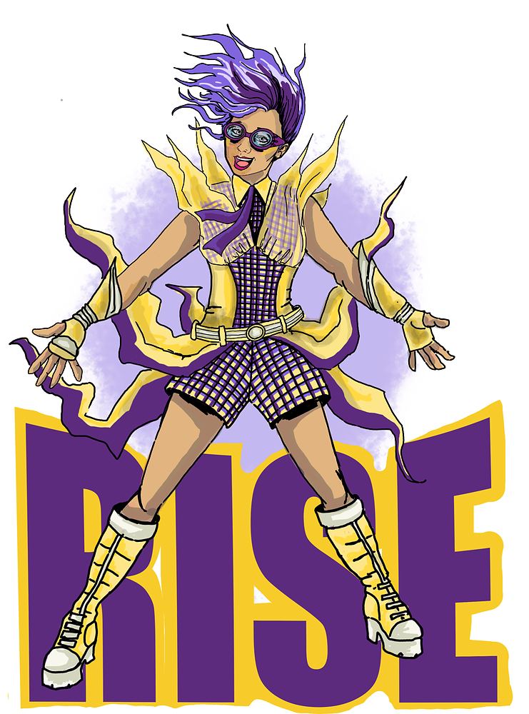 Rise in a purple and yellow hero look with checked shorts and tall boots, SuperYou. Costume sketch by Cynthia Nordstrom