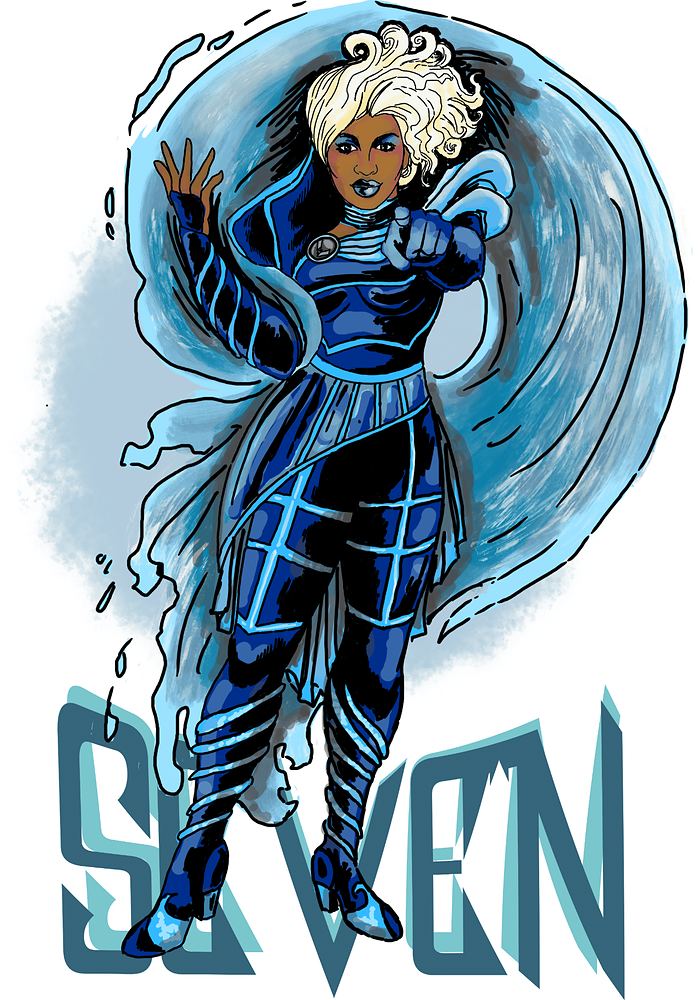 Seven, a superhero in a dark blue suit with white hair and a water swirl, SuperYou. Costume sketch by Cynthia Nordstrom