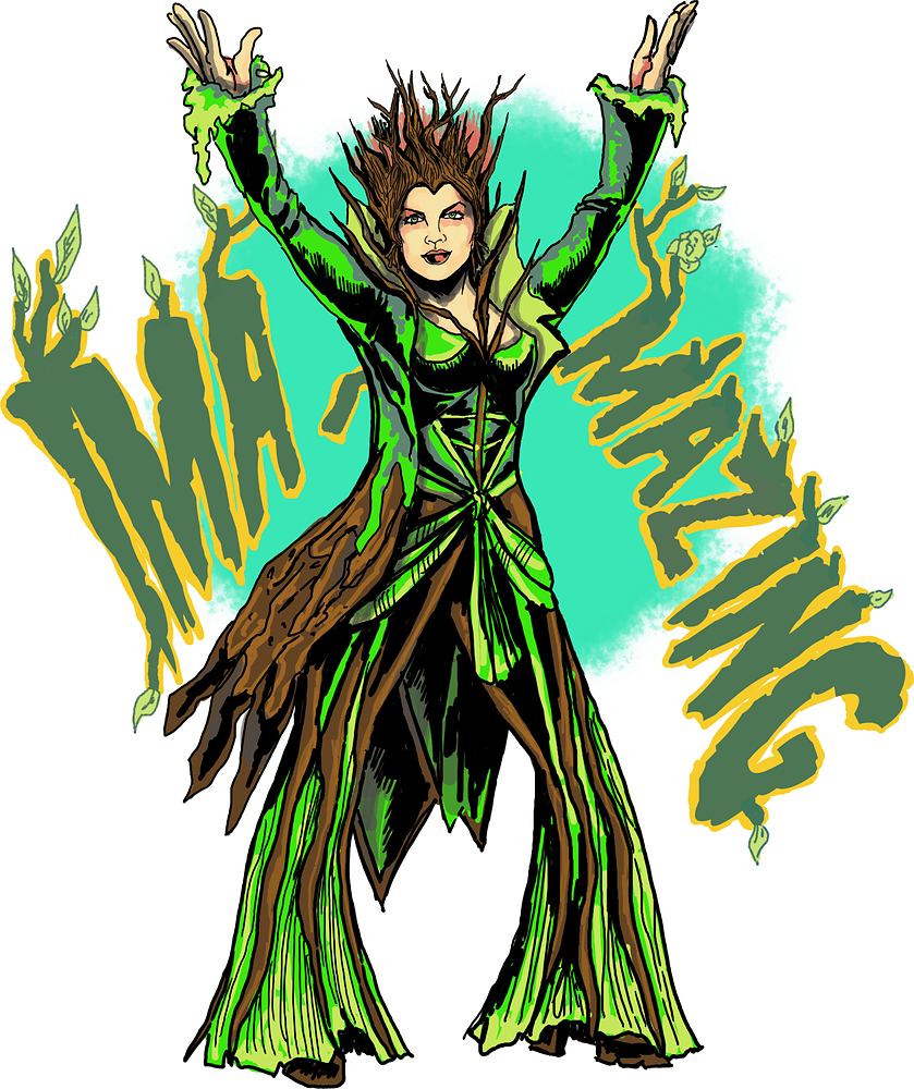 Ma-Amazing in a green bark-textured suit with leafy hair, SuperYou. Costume sketch by Cynthia Nordstrom