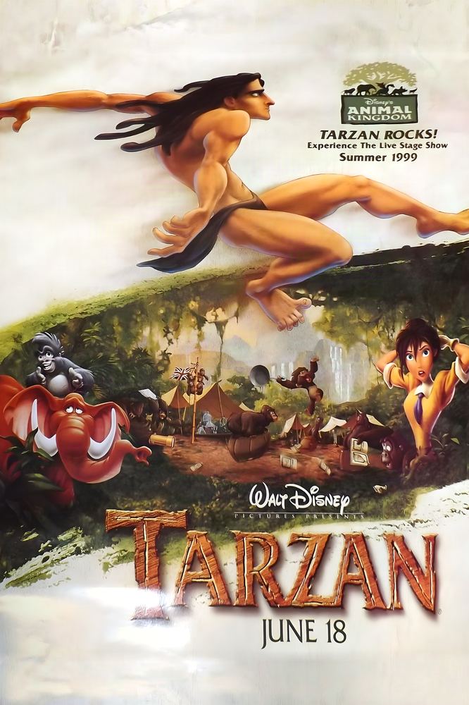 Tarzan Rocks! poster: the 1999 Tarzan one-sheet with the Disney's Animal Kingdom badge, Tarzan Rocks! Experience the Live Stage Show, Summer 1999