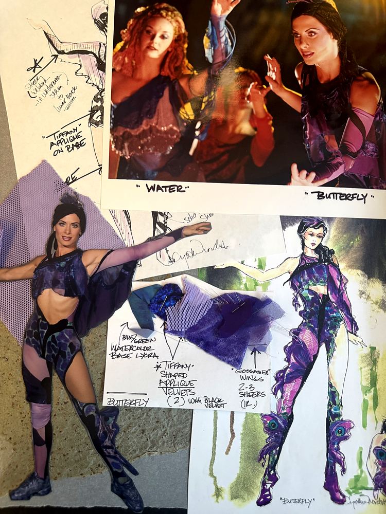 Tarzan Rocks!: Butterfly and Water ensemble costume sketches with fabric swatches and production photos. Costume sketch by Cynthia Nordstrom