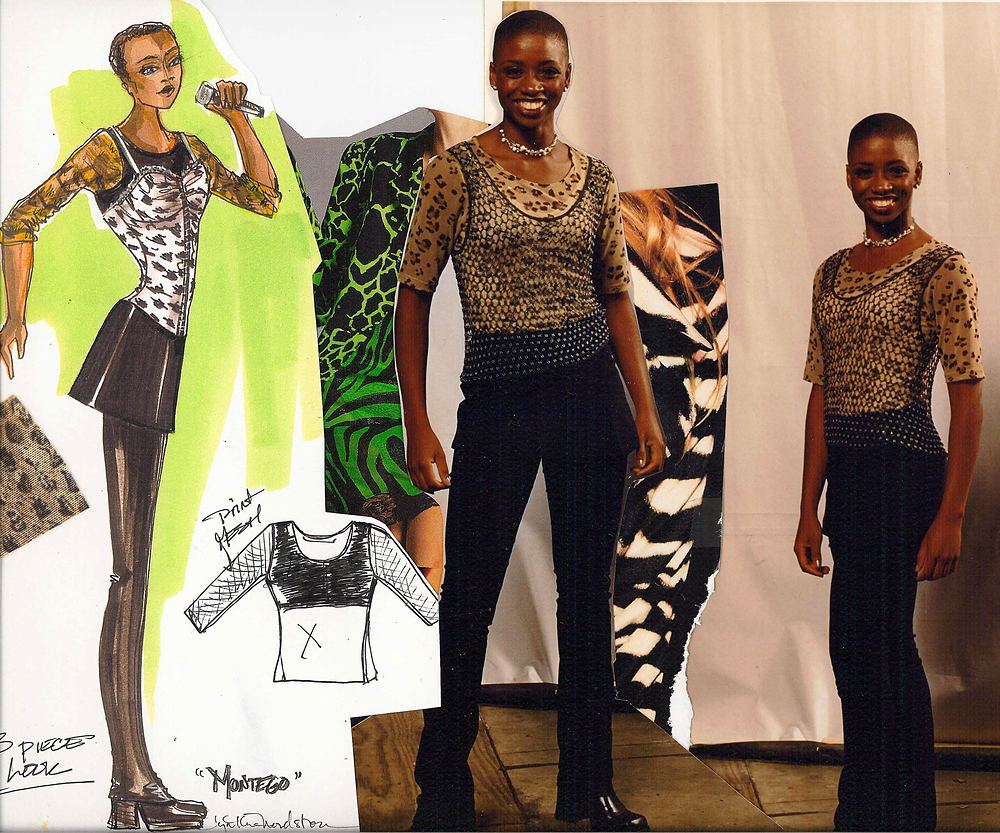 Sketch beside two performers in leopard-print tops and dark jeans, Tarzan Rocks!. Costume design by Cynthia Nordstrom