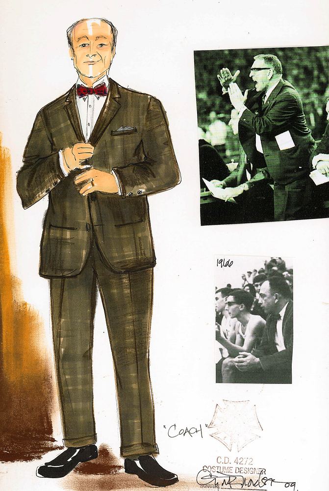 The Coach in a green plaid suit and bow tie, with photo research, That Championship Season. Costume sketch by Cynthia Nordstrom