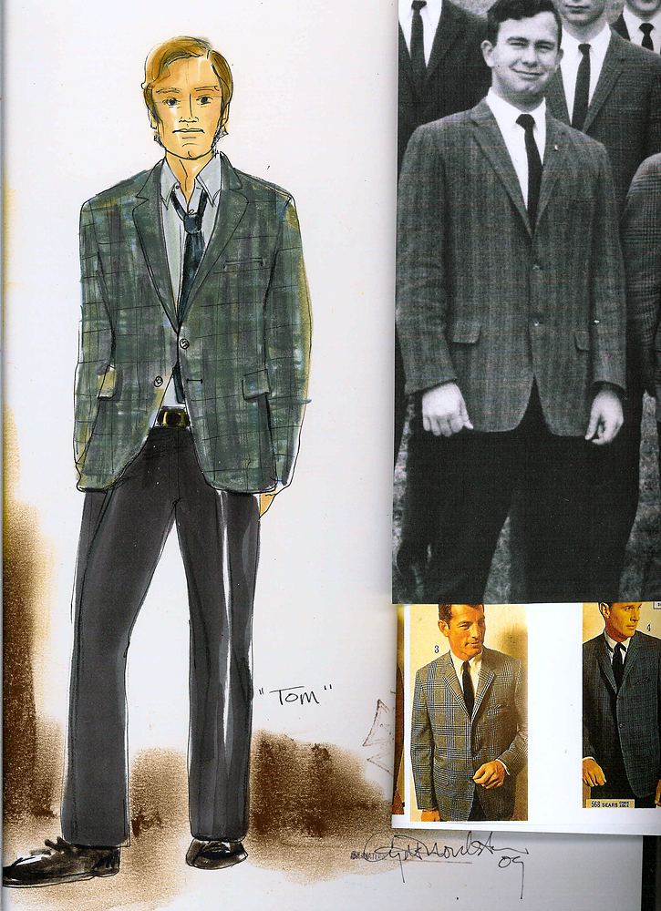 Tom in a green plaid sport coat and gray trousers, with photo research, That Championship Season. Costume sketch by Cynthia Nordstrom